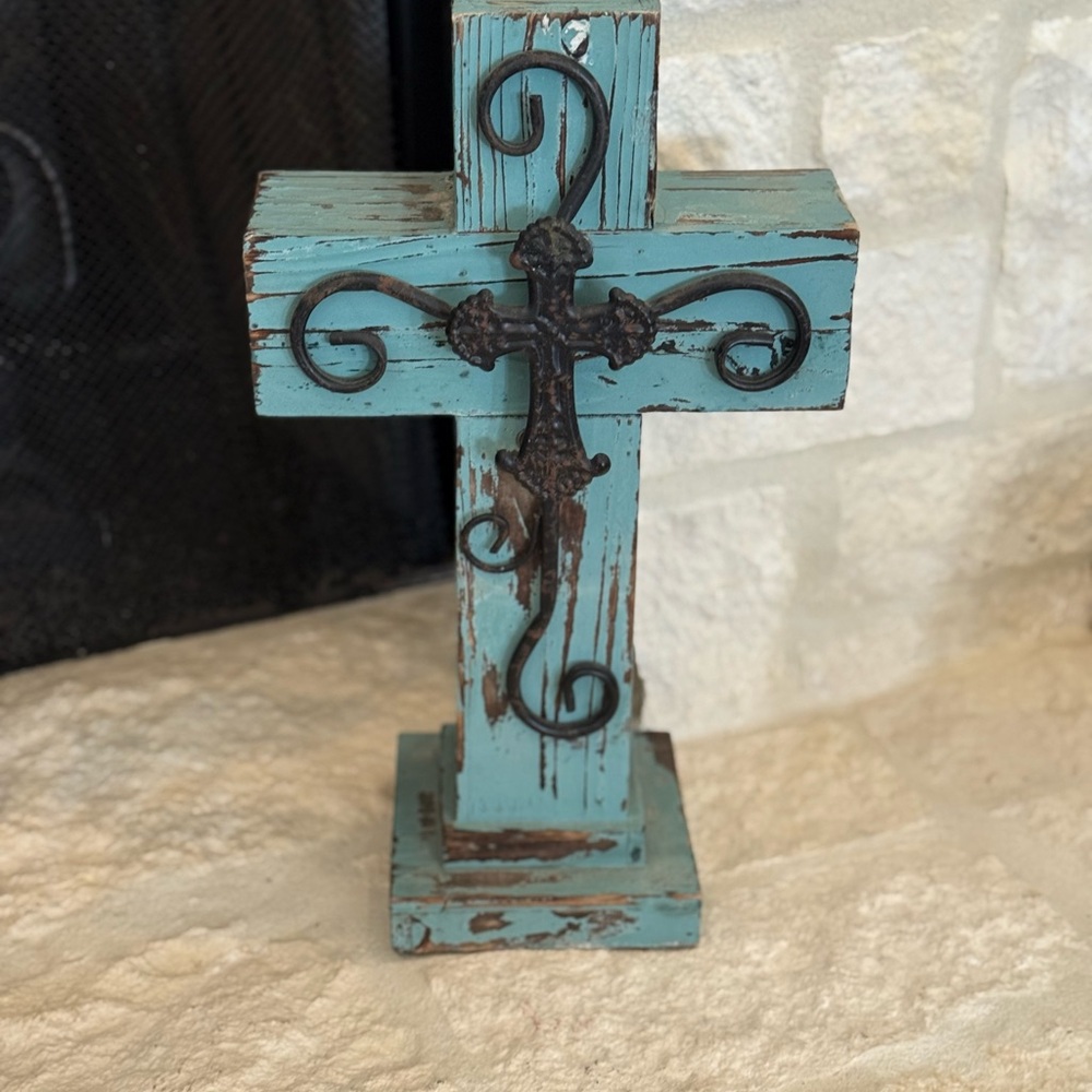 Rustic Blue Wooden Cross with Iron Accents